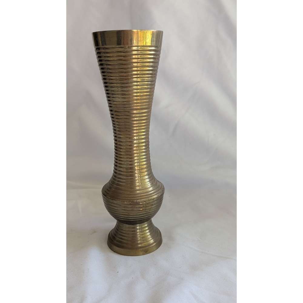 Vintage Ribbed Brass Bud Vase Mid Century Modern Flared Trumpet Gold 8.25"